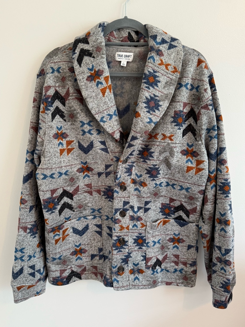 True Craft Gray Aztec Shawl Collar Jacket with Blue & Rust Accents